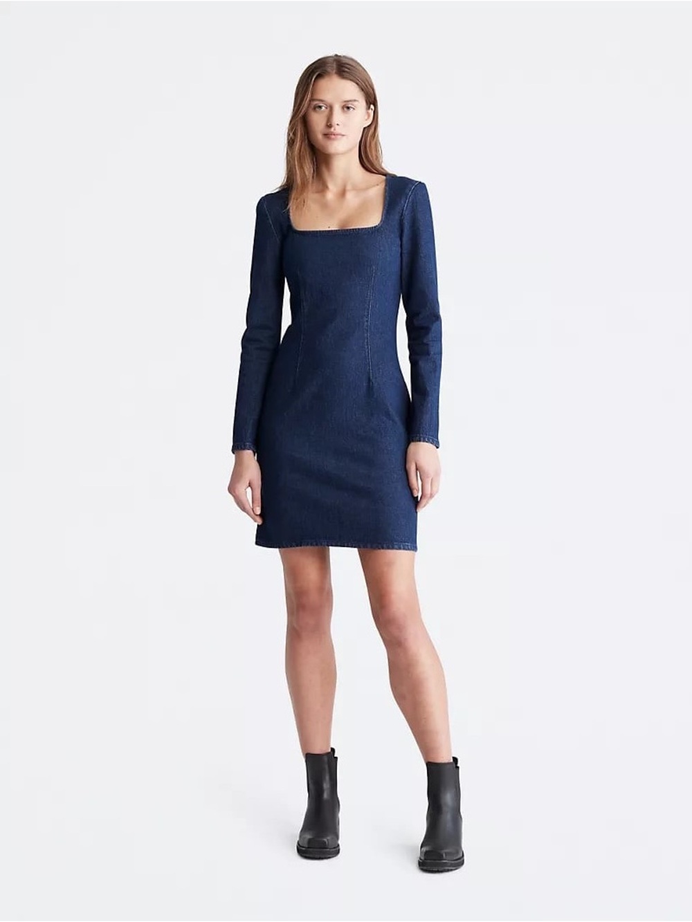 Calvin Klein Navy Square-Neck Long-Sleeve Mini Dress